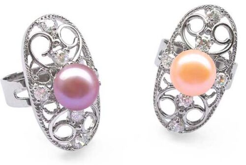 Mauve and Pink 9-10mm Oval Shaped Pearl Ring with 6 Cz Diamonds and 925 SS
