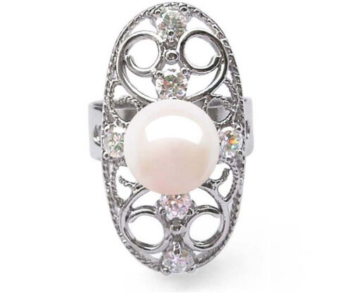 Oval Shaped 9-10mm Pearl Ring with 6 Cz Diamonds and 925 Sterling Silver
