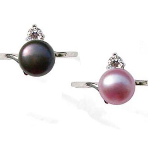 Black and Mauve 6-7mm Pearl Ring with a Single CZ Diamond in 925 SS