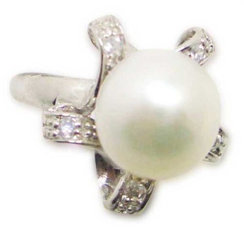White Large 9.5-10mm Pearl Sterling Silver Ring with CZ Diamonds
