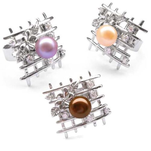 Mauve, Pink and Chocolate Fantasy Lattice Shaped Pearl Rings with 6 Cz Diamonds in 925 Sterling Silver