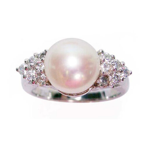 8-8.5mm Pearl Sterling Silver Ring with Shining Cz Diamonds on Sides