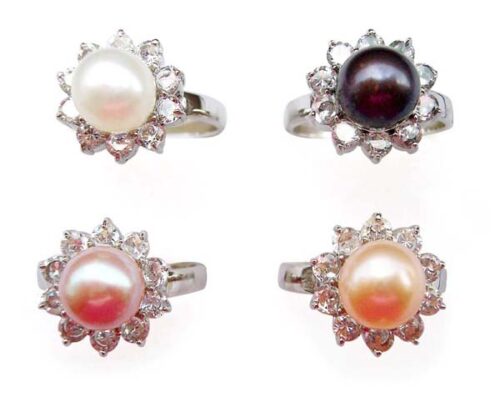White, Black, Mauve and Pink SS Pearl Ring with 10 Translucent Cz Diamonds Surrounded