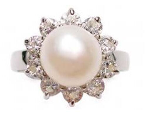 White SS Pearl Ring with 10 Translucent Cz Diamonds Surrounded