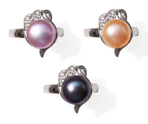 Lavender, Champagne and Black 9.5-10mm Stamped SS Pearl Ring with Cz Diamonds