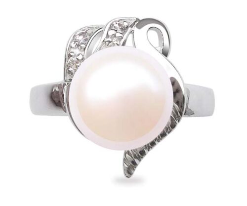 White 9.5-10mm Stamped SS Pearl Ring with Cz Diamonds