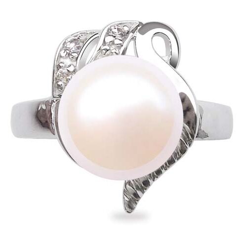 White 9.5-10mm Stamped SS Pearl Ring with Cz Diamonds
