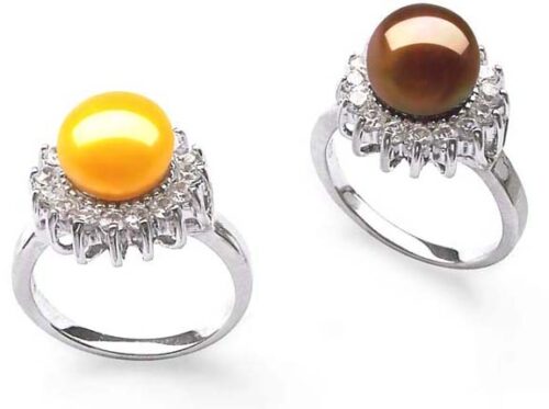 Gold and Chocolate 9-10mm 925 SS and Pearl Ring Surrounded by 16 Translucent CZ Diamonds