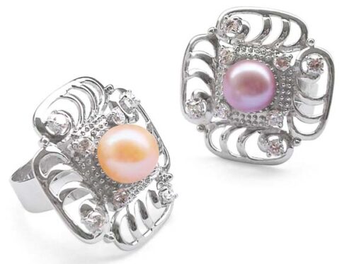 Pink and Mauve Stylish Large 9-10mm Pearl Ring in Spray Design and 925 SS