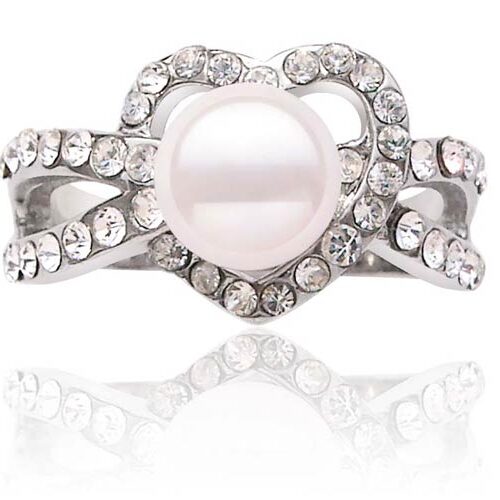 White Heart Shaped Pearl Ring with 7-8mm Pearl, 18K WG Overlay