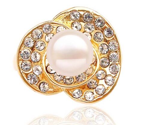 White 7-8mm Freshwater Pearl Ring, 18K Yellow Gold Overlay