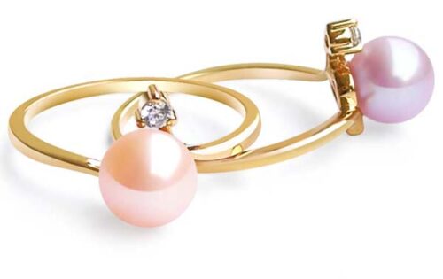 Pink and Mauve 7-8mm AAA Round Pearl Rings, 14K Solid YG