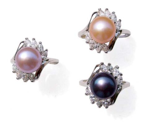 Pink, Mauve and Black 9.5-10mm Large Pearl Sterling Silver Rings in Cz Diamonds