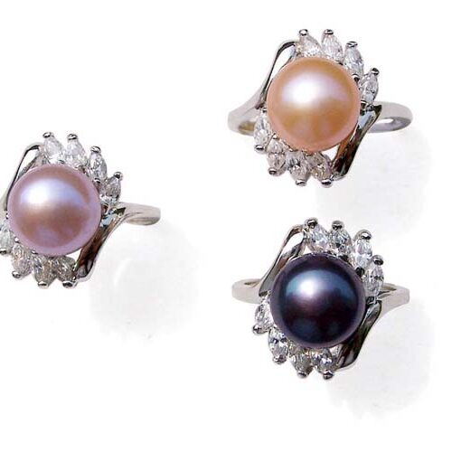 Pink, Mauve and Black 9.5-10mm Large Pearl Sterling Silver Rings in Cz Diamonds