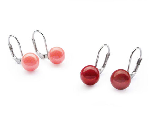 Pink and Red Coral 8mm Earrings, 925 Silver Leverback