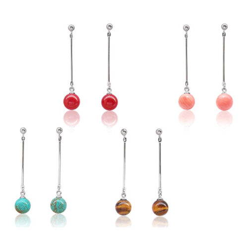 8mm Jade Coral Tigers Eye and Turquoise Dangle Earrings in 925 Silver