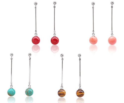 Red Coral, Tigers Eye, Blue Turquoise and Pink Coral 8mm Dangle Earrings, 925 Sterling Silver