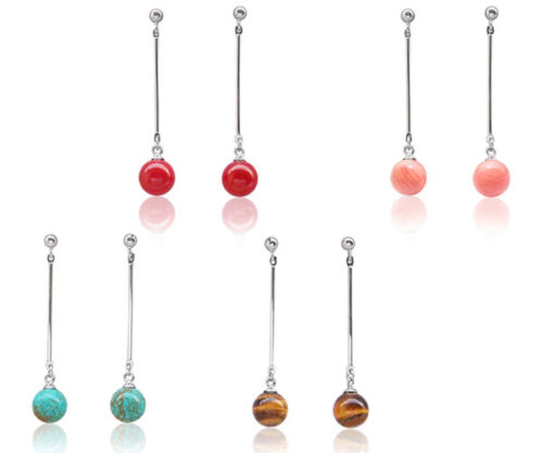 Red Coral, Tigers Eye, Blue Turquoise and Pink Coral 8mm Dangle Earrings, 925 Sterling Silver