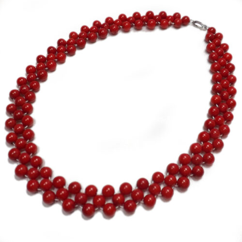 3 Rows of 6-7mm Red Coral Silver Necklace