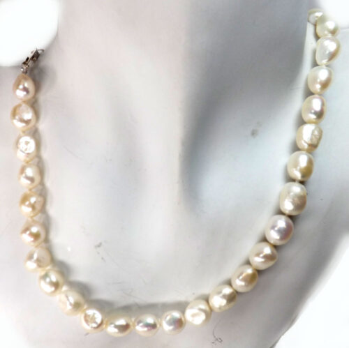 White Colored 9-10mm Baroque Pearl Silver Necklace
