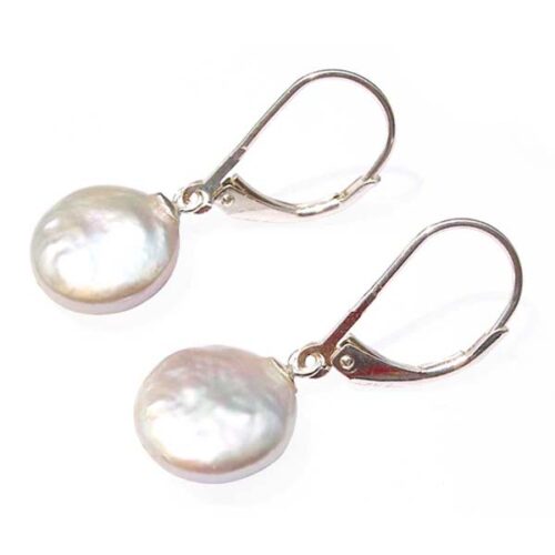 White Coin Pearl Lever back 925 Sterling Silver Earrings