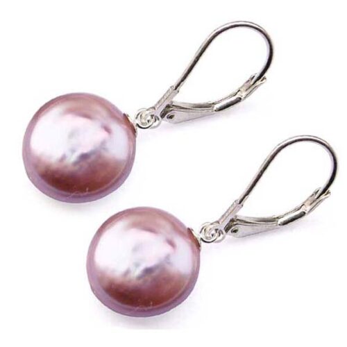 Mauve Coin Pearl Lever back 925 Sterling Silver Earrings
