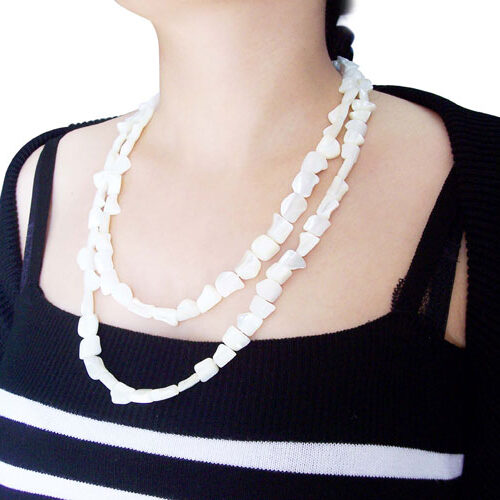 White Sea Shell Claspless Irregular Nugget Necklace, 48in