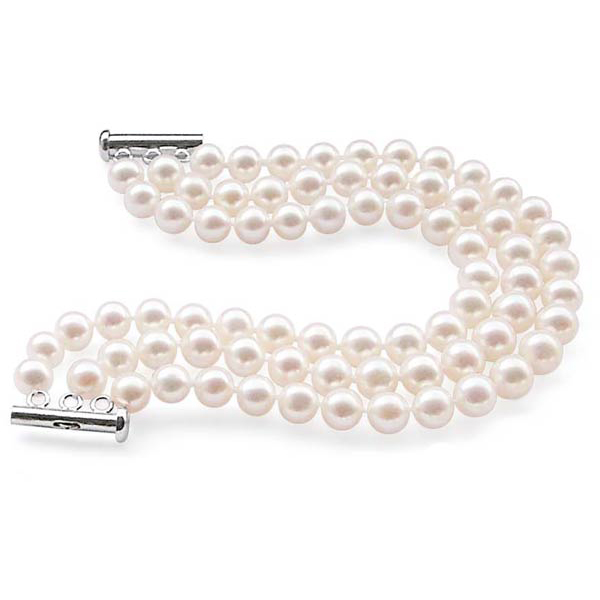 Rhodium Rhinestone & White Pearl 3 Row Coil Stretch Bracelet