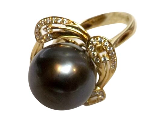 14K Yellow Gold Tahitian AAA Quality Pearl Ring with Diamonds