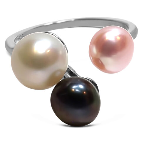 925 Sterling Silver White, Pink and Black Tri-Colored 3 Pearl Ring