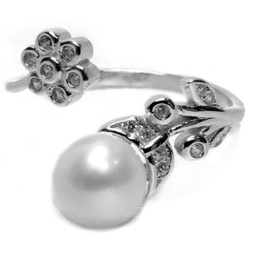 Flower Shaped Adjustable 925 Sterling Silver 7mm Pearl Ring