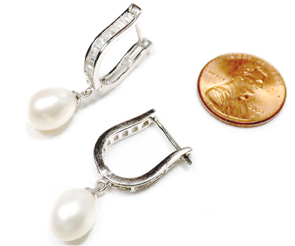 Large Pair Pure Sterling Silver Drop Pearl with CZ earrings