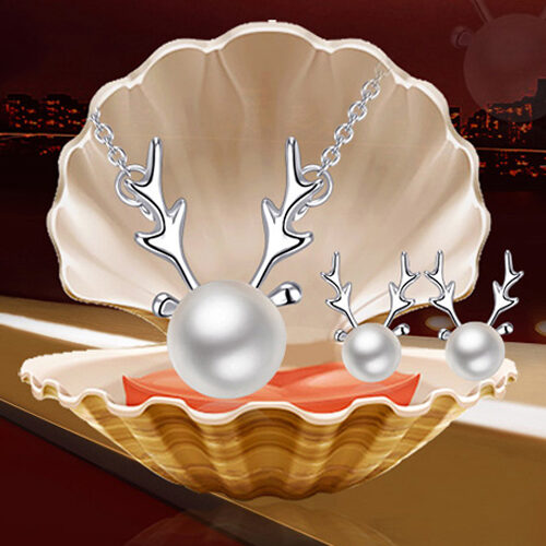 925 Sterling Silver Elk Antler Pearl Necklace and Earrings