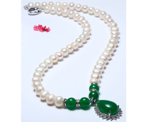 7-8mm Real Pearl Necklace with Jade or Agate Beads in 925 Silver