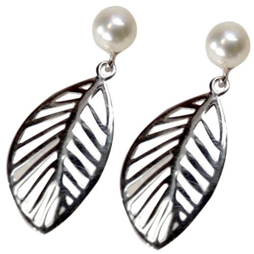 Large Leaf Shaped 925 Sterling Silver Pearl Earrings