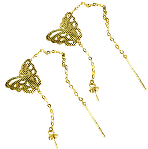 Butterfly Designed 18K Solid Yellow Gold Sliding Pearl Earrings Settings