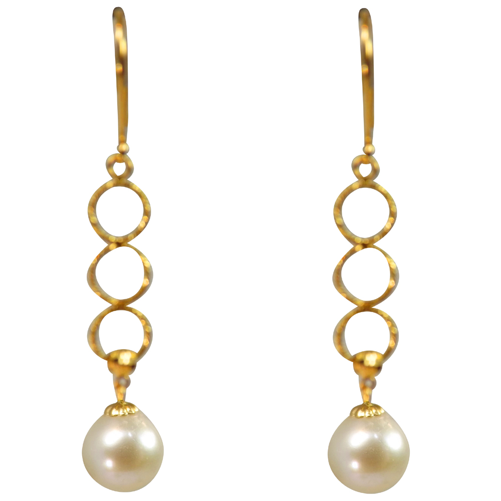 18K Yellow Gold 3 Circle Dangling Pearl Earrings