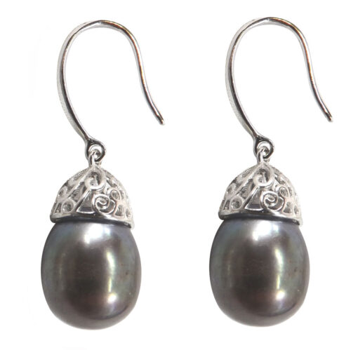 925 Sterling Silver Earrings with Dome Shaped Filigree Dangle and 7-8mm Freshwater Pearls