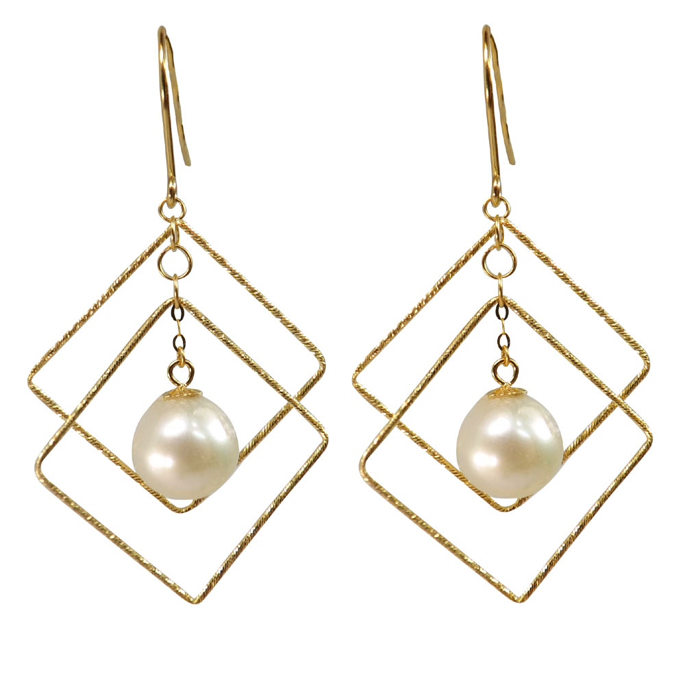 18K Gold Large Contemporary Geometrical Shaped Round Pearl Earrings