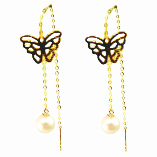 Butterfly Designed 18K Solid Yellow Gold Sliding Pearl Earrings