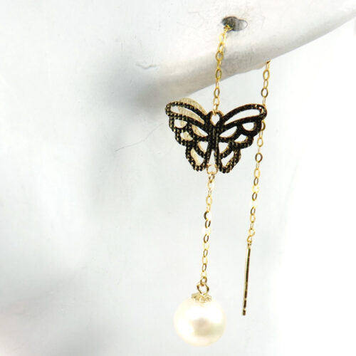 Butterfly Designed 18K Solid Yellow Gold Sliding Pearl Earrings
