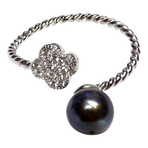 Cross black pearl silver ring