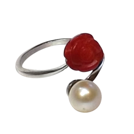 silver pearl coral adjustable ring