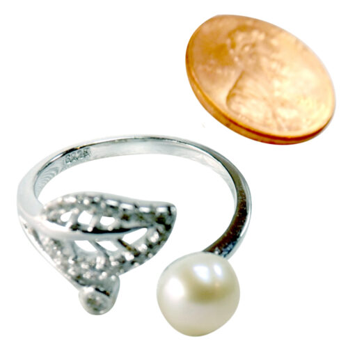 925 Sterling Silver Leaf Design and Pearl Ring Adjustable Sized