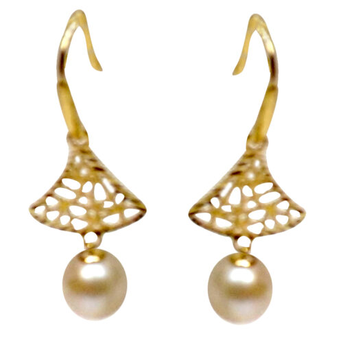 18K Yellow Gold Tree Shaped Pearl Earrings