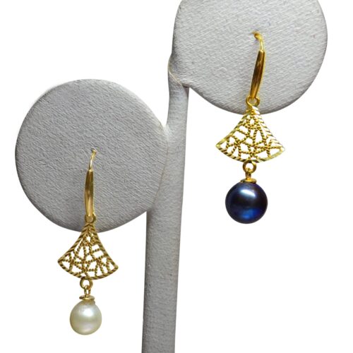 18K Yellow Gold Tree Shaped White and Black Pearl Earrings