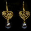 18K Yellow Gold Dangling Heart Shaped black Pearl Earrings