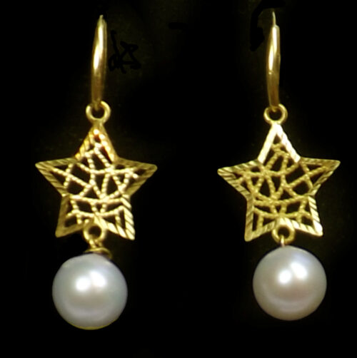 18k yellow gold dangling star white pearl earrings