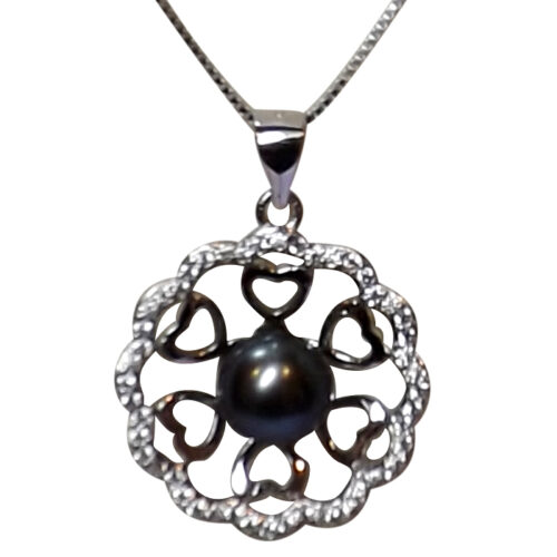 Large Flower Shaped Black Pearl Pendant Necklace All Sterling Silver