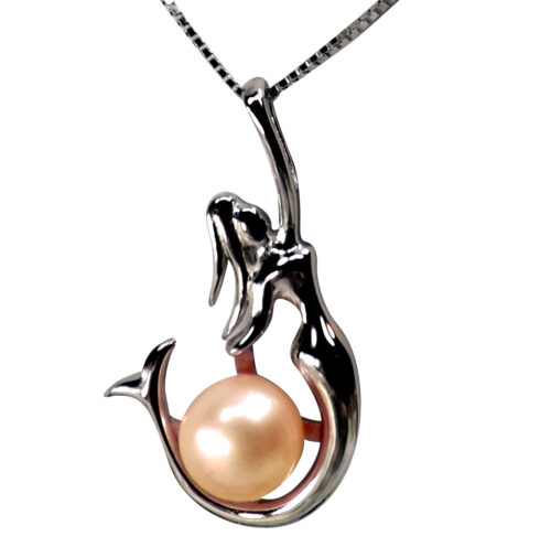 Elegant Mermaid 925 Sterling Silver Pink Pearl Pendant Necklace